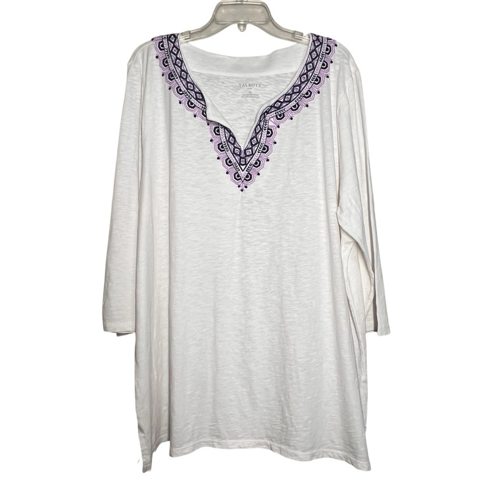 Talbots Shirt Womens Size 3X White Blue Lavender Embroidered 3/4 Sleeve Top NWT